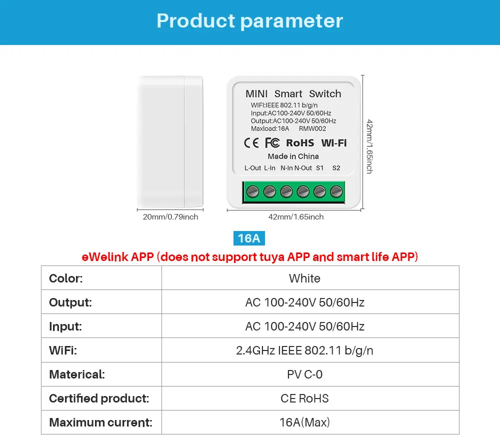 16A eWelink Wifi Mini Smart Switch 2-Way DIY Switch Circuit Breaker Timer Module