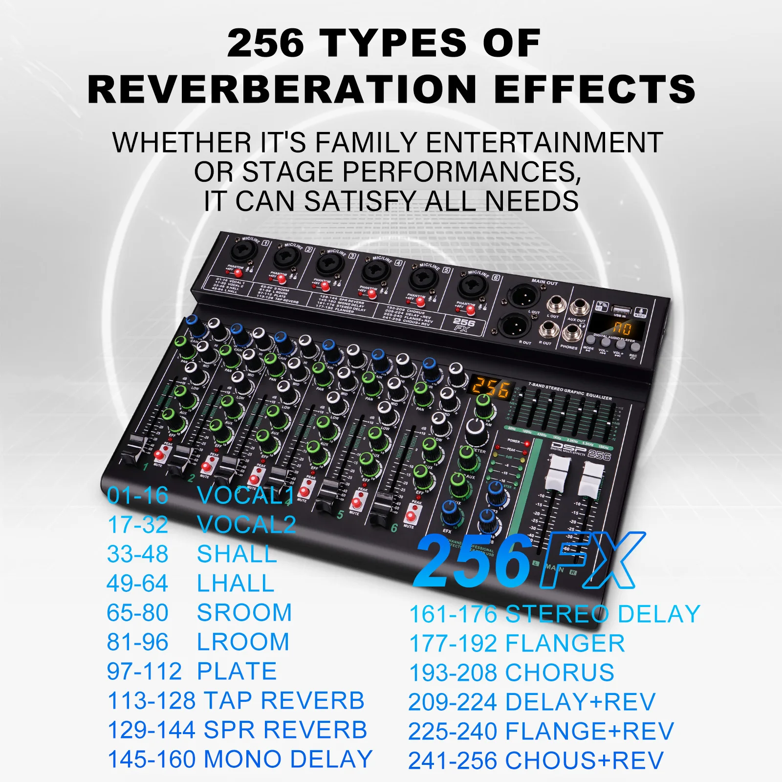 4/6 Channel Audio Interface Mixing Console 256-Bit DSP DJ Mixer Audio Reverb Effect+48V Phantom Bluetooth Mixer