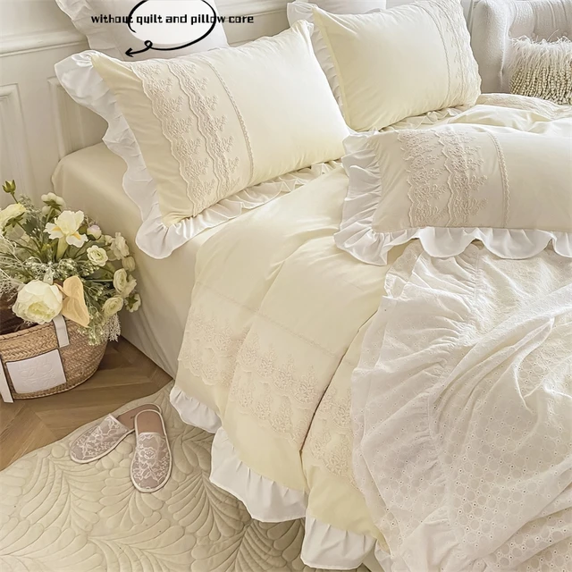 Ensemble de literie en dentelle de style princesse, housse de couette avec taies, roi et double, beige, 3 pièces 5