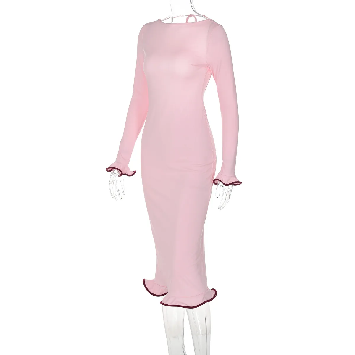 Sexy Slim Long Dress For Women Ruffled Splice Dress Backless Long Sleeve Contrast Color Autumn Fashion Gown Dresses Lady