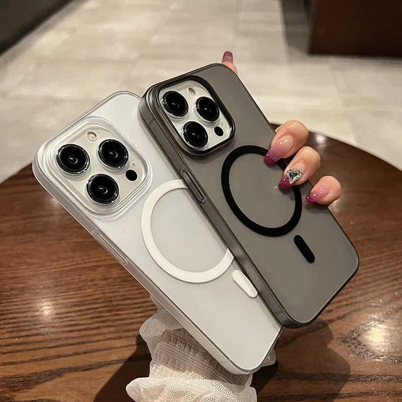 New Matte Magnetic Wireless Charge Phone Case For iPhone 15 14 13 12 Pro Max Plus For Magsafe Shockproof Hard PC Clear Cover