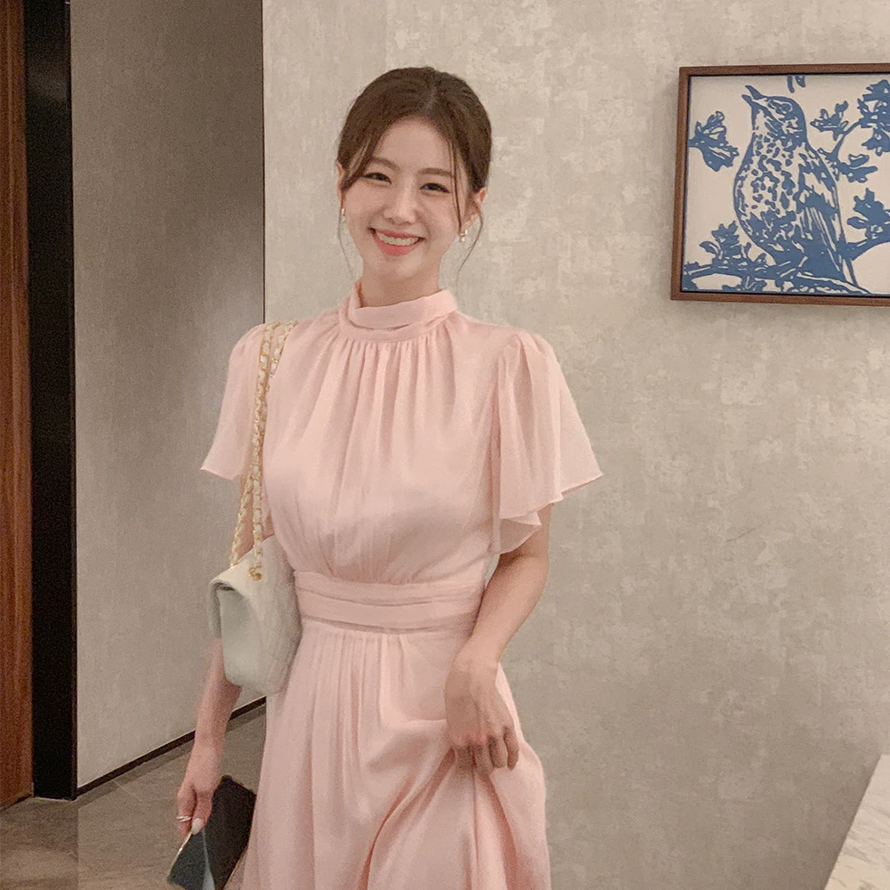 Elegant Solid Midi Dresses for Women Ruffles Half-high Collar A-line Office Lady Casual Korean Fashion Autumn Vestidos Mujer New