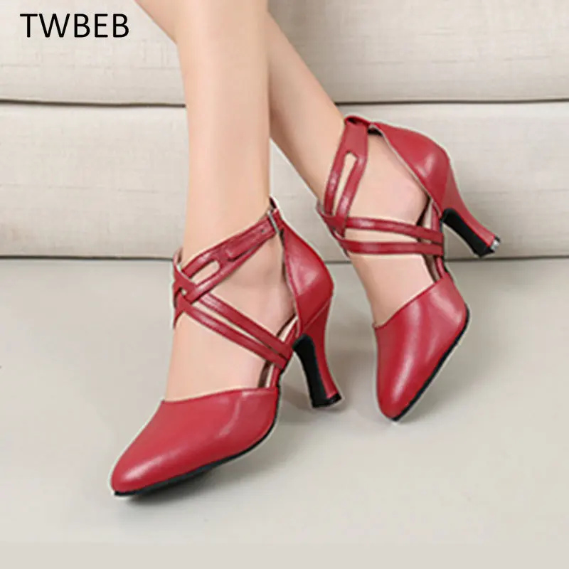 

Genuine Leather Black Red Women's Latin Tango Ballroom Dance Shoes Closed Toe Salsa Shoes for Ladies Plus Size High Heel