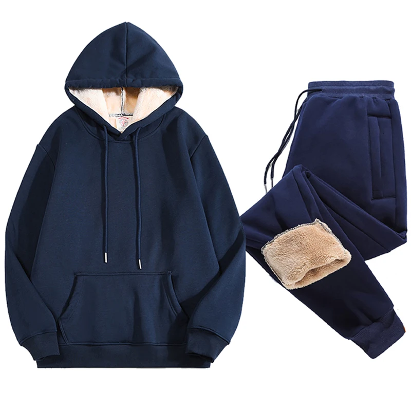 Winter Thicken Warm Suit Thick Lambswool Sets Men Women Casual Loose Sweatshirts Hooded Two-Piece Set Thickened Hoodies Pants