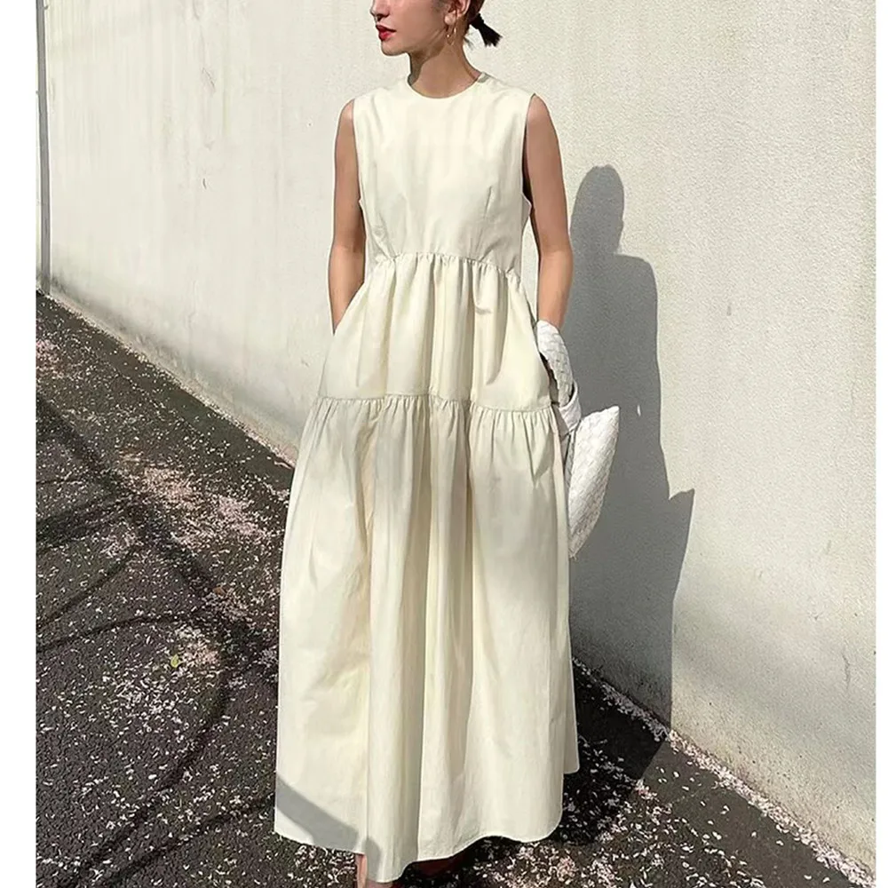 

Women O-neck Sleeveless Loose Midi Dress Spring Summer Female Layered Elegant Long Robes