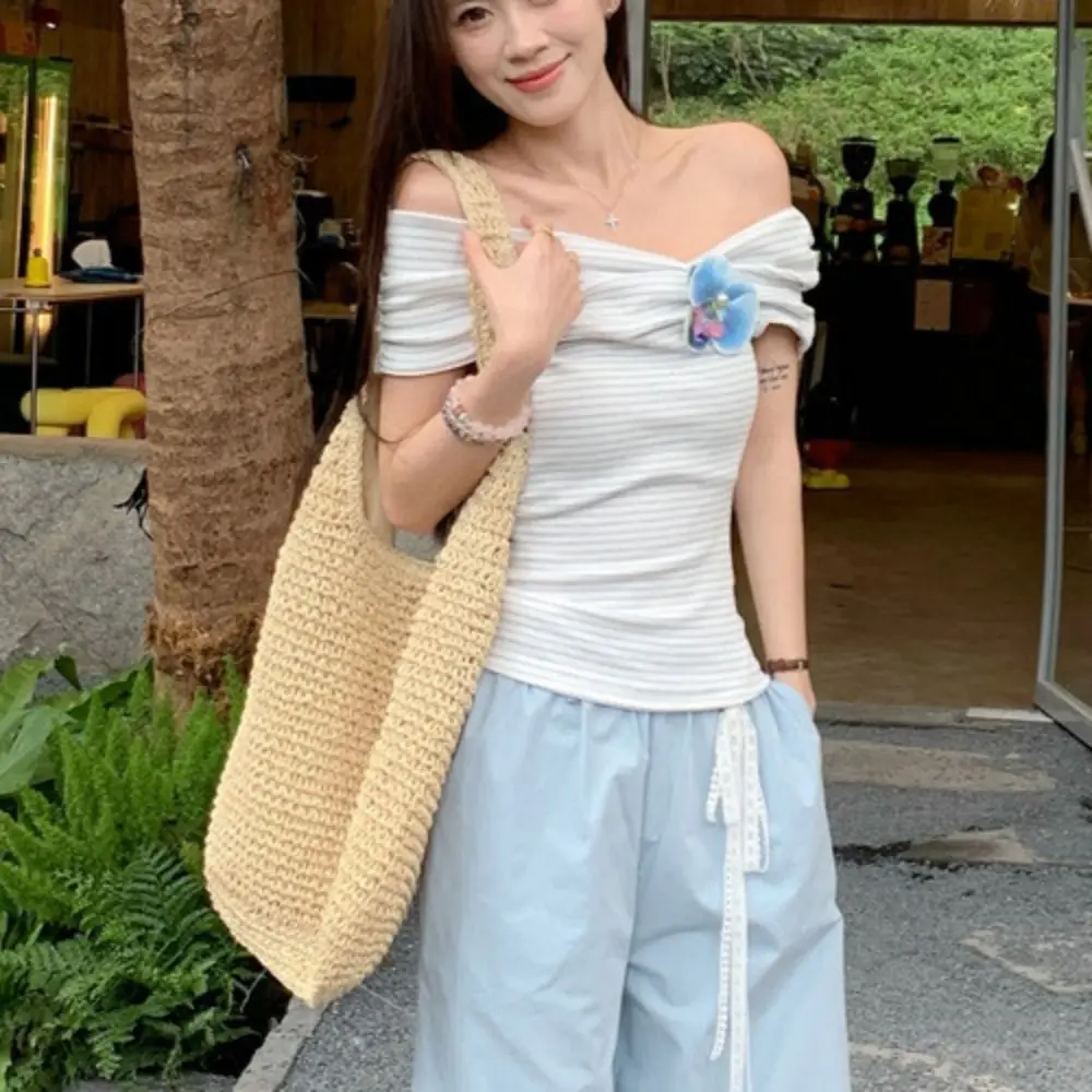 Description Picture 4 of itemStylish Stripe Off Shoulder Crop Top Slim Fit Ins Bohemia T Shirts Sweet Female Clothing Stripe Flower T-shirt Beachwear