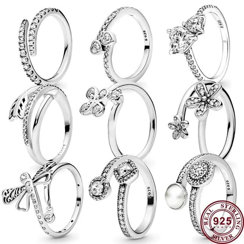 925 Sterling Silver Original Love Heart Shining Daisy Clover Women's Pearl Logo Ring Wedding High Quality DIY Charm Jewelry