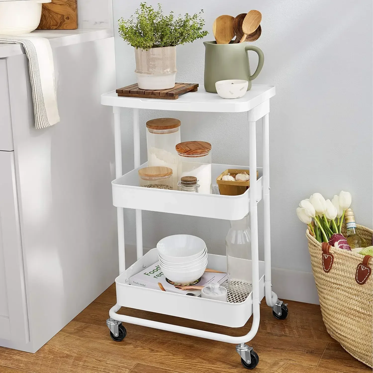 2-Tier Metal Kitchen/Utility Cart with Shelf, White 5