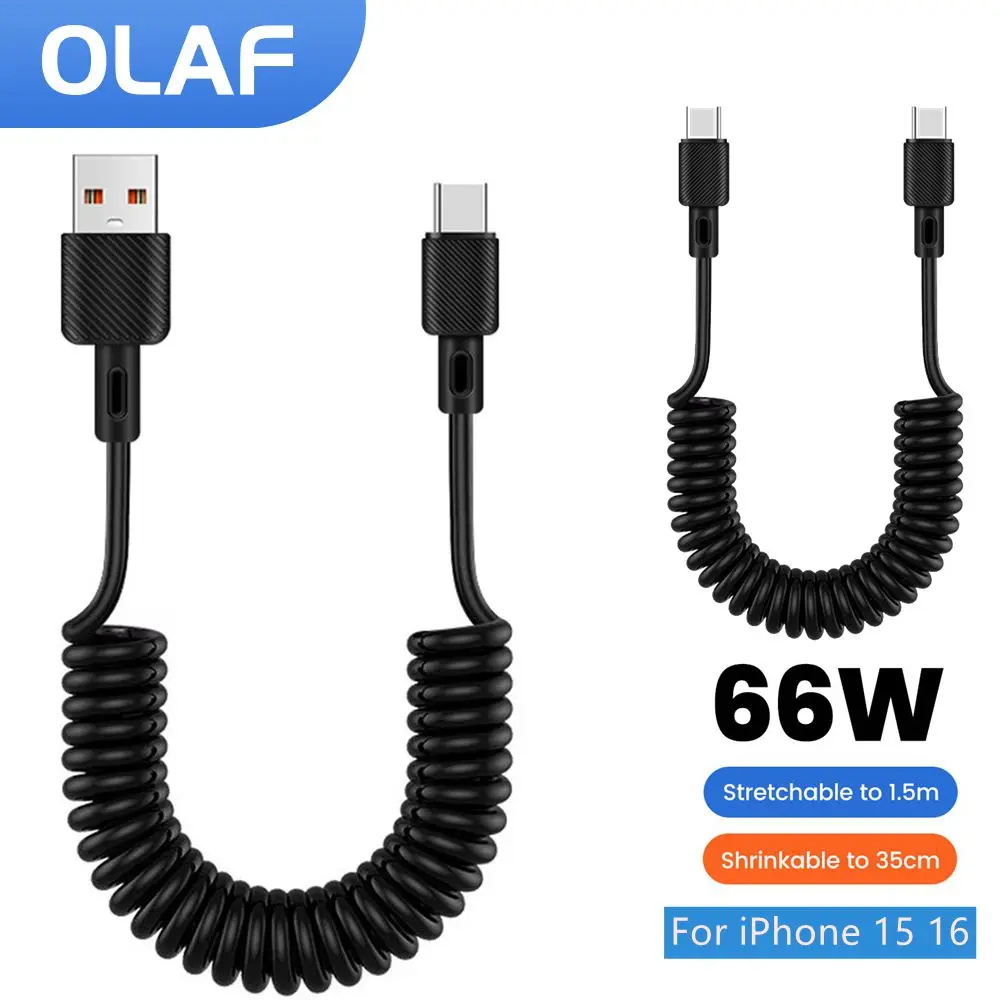 66W Fast Charging Car Spring Telescopic USB Type C Cable Portable Type C to Type C Data Cord for iPhone 15 16 Pro Huawei Phone BEST SELLERS