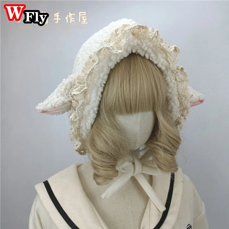 Lace Plush Lamb Ear Hat Lovely Sweet Lolita Spice Girl Daily Warm Autumn Winter Woman Japanese Ear Protection Hat winter hat