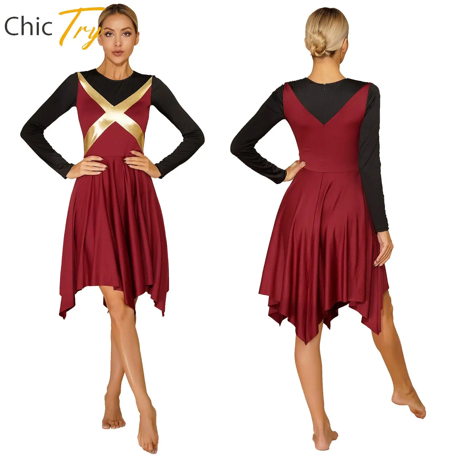 

Женская литегическая одежда для танца, костюм для поклонения, лоскутное танцевальное платье с цветными вставками спереди, платья с длинным рукавом и асимметричным подолом