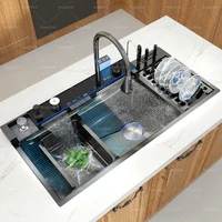 อ่างล้างจานสแตนเลสน้ําตกล้างผักอ่างล้างหน้าอัจฉริยะดิจิตอลจอแสดงผลก๊อกน้ําล้างจานชามขนาดใหญ่ช่องเดียว 6