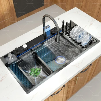 สแตนเลสใหม่น้ําตกอ่างล้างจานดิจิตอลจอแสดงผลล้างจานอ่างล้างจานพร้อมDraining Rackนูนขนาดใหญ่พิเศษช่องเดียว 1