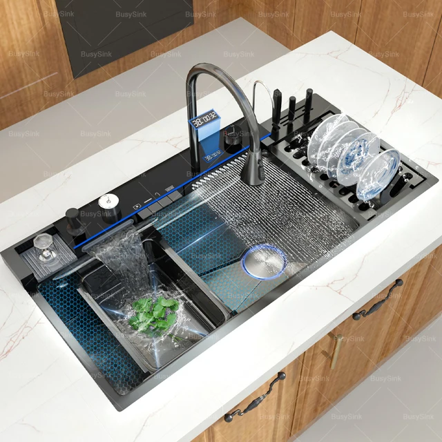 อ่างล้างจานสแตนเลสน้ําตกล้างผักอ่างล้างหน้าอัจฉริยะดิจิตอลจอแสดงผลก๊อกน้ําล้างจานชามขนาดใหญ่ช่องเดียว 6