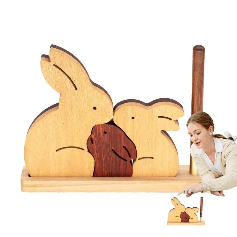 

New Wooden Bunny Puzzle 3pcs Rabbit Desk Decor Cute Rabbit Pen Holder Rabbit Wooden Decoration For Kids With Pen And Base