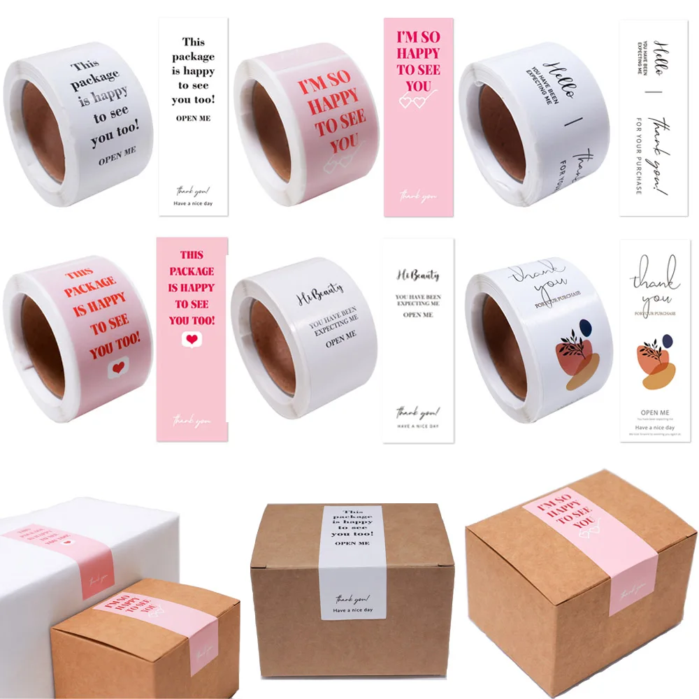 100pcs/roll Thank You Stickers Rectangle Seal Labels This Package Is Happy To See You Too Sticker Gift Box Packaging Decor Label