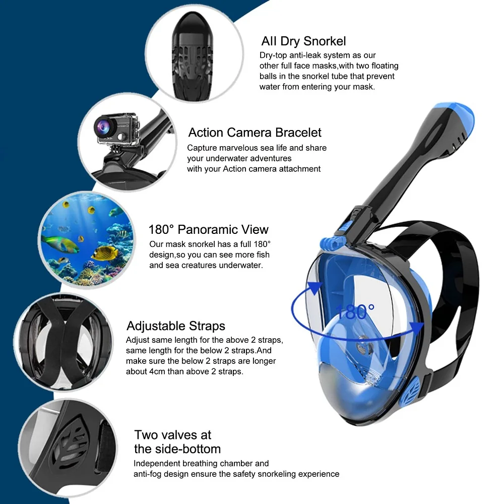 풀페이스 스노클 마스크 누수방지 김서림방지 180 °   카메라 마운트가 있는 파노라마 뷰 다이빙 마스크, 성인 및 청소년용 안전 호흡 다이빙 마스크