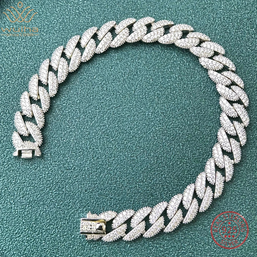 WUIHA 925 Sterling Silver Sparkling Full Simulated Diamond Miami Cuban Bracelet Women Men Hiphop Rock Fine Jewelry Wholesale