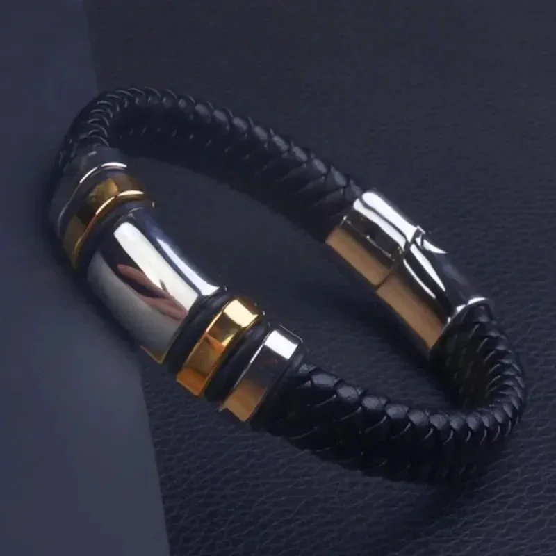 Classic Black Single Layer Hand Braided Leather Bracelet with Magnetic Closure Men's Charm Fashion Casual Jewelry Gift bangle bracelet leather bracelets leather bracelet woven bracelets magnetic bracelet