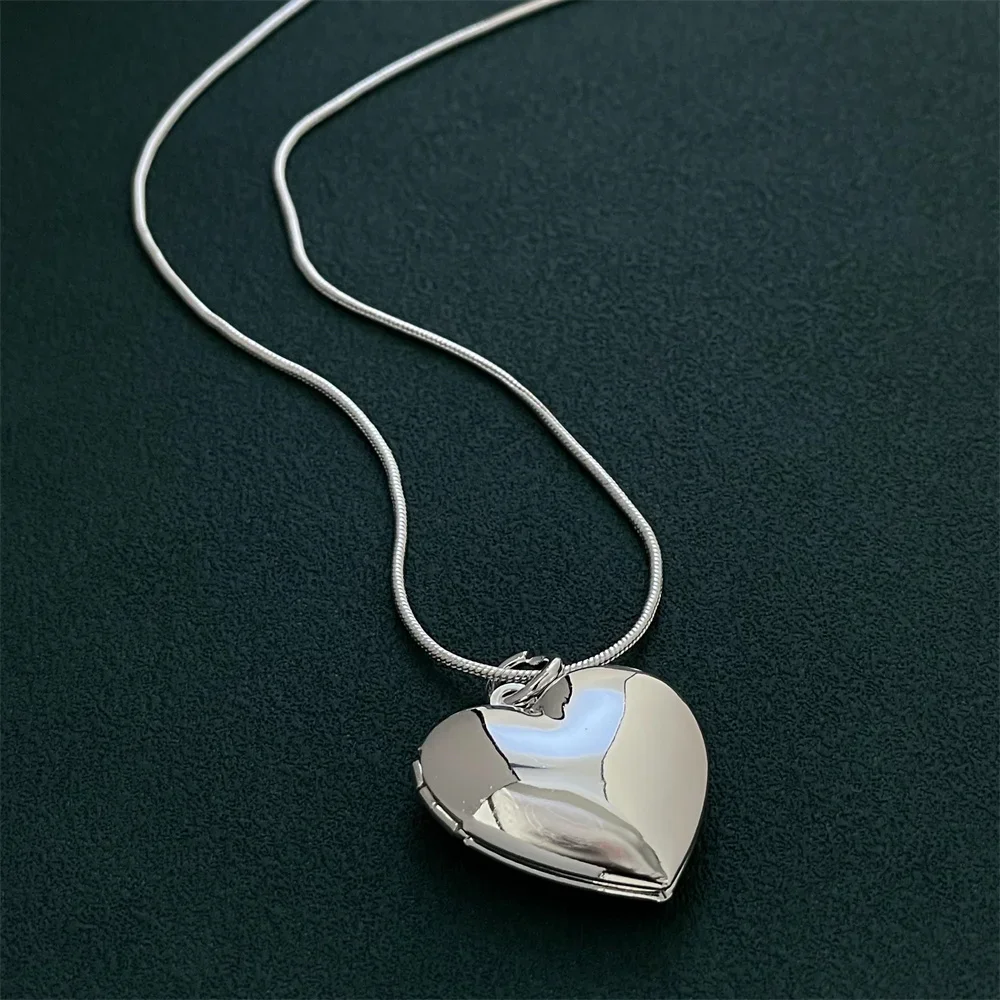 925 Silver Necklace Smooth Heart-Shaped Photo Frame Pendant, Suitable For Women's Daily Wear