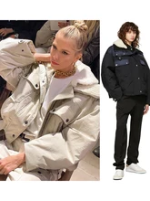  Winter New Color-blocking Plush Lapel Double Pocket Casual Warm Down Jacket 