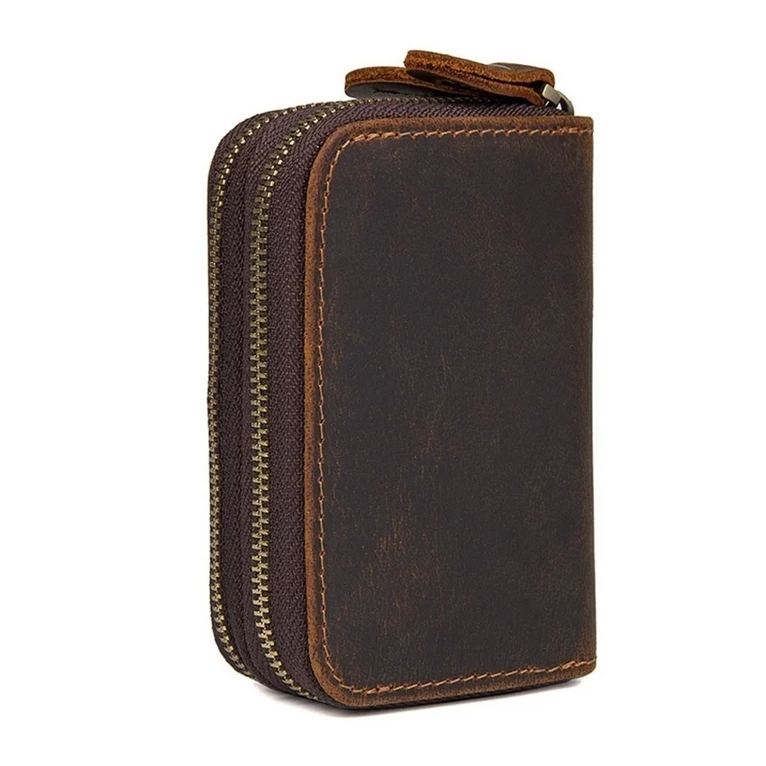 Retro Men's Cow Leather  Short Wallet Zipper Wallet  Clutch Wallet Billfold Coins Purse Notecase Key Case