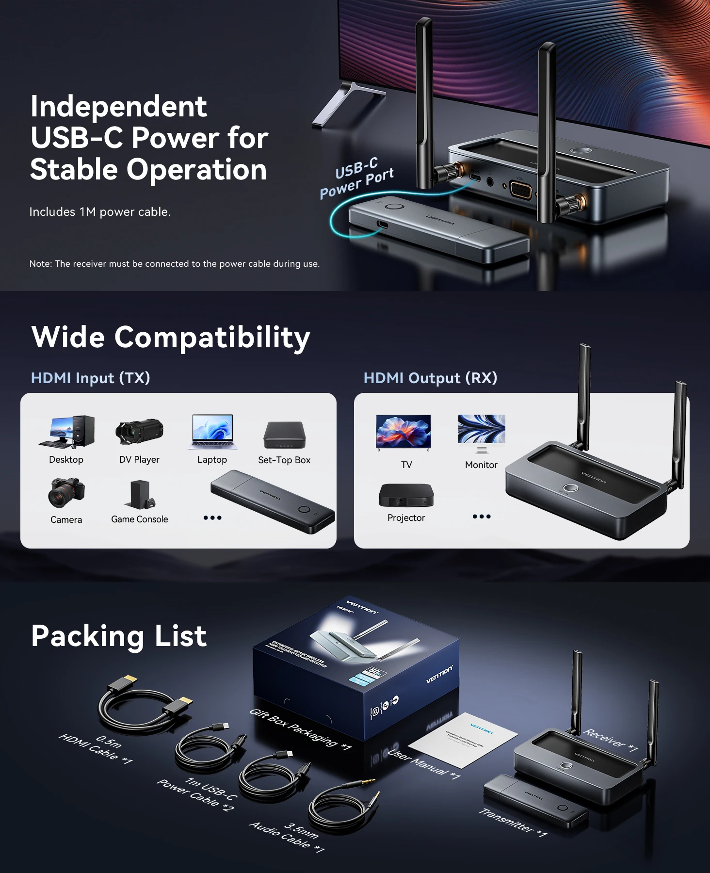 Wireless HDMI VGA Extender Kit 5G 50M Video Transmitter & Receiver 1080 60Hz Tra