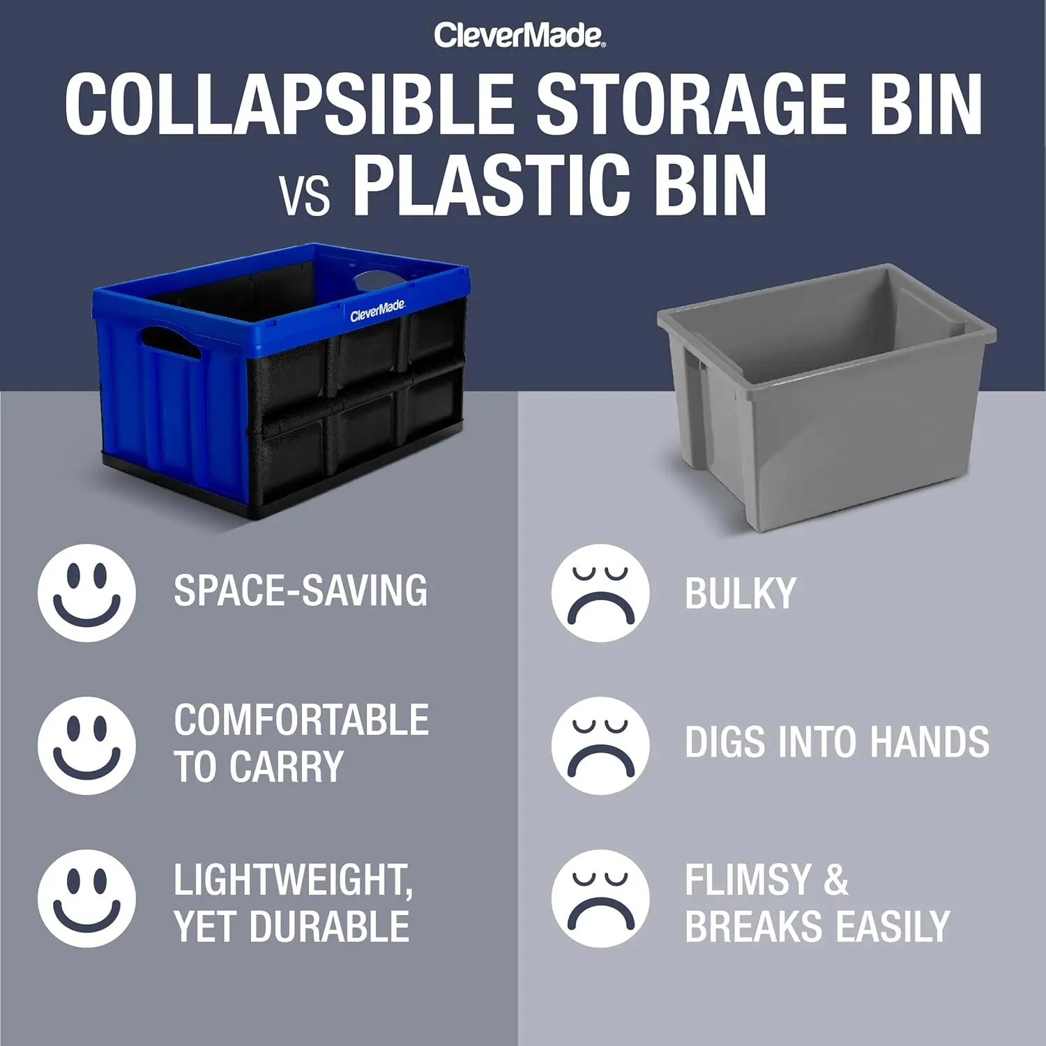 CleverMade Collapsible Storage Bins - Royal Blue 3 Pack 46L - Stackable Containers Heavy Duty Capacity Folding Crates - Space