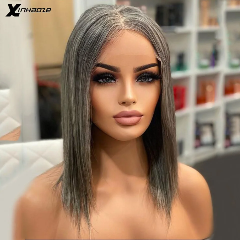 

Gray Highlight Wig Human Hair 13x4 Straight Lace Front Wig Salt And Pepper Highlights Mixed Colored Human Hair Wigs For Women