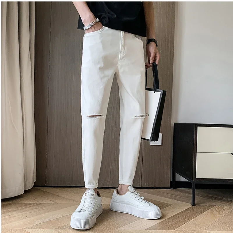 Spring New Male Knee Ripped Jeans Men's Straight Slim Small Feet Denim Trousers Streetwear Stretch Casual Pants