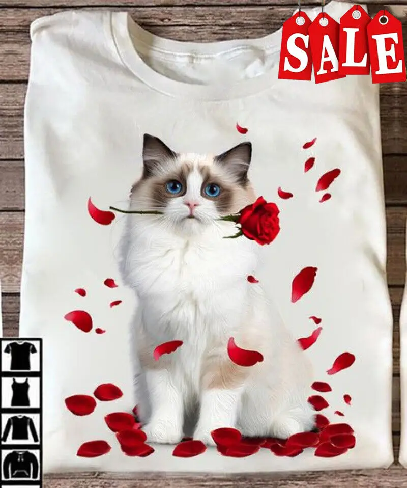 Camicia Gatto Carino, Gatto Ragdoll Con Rosa
