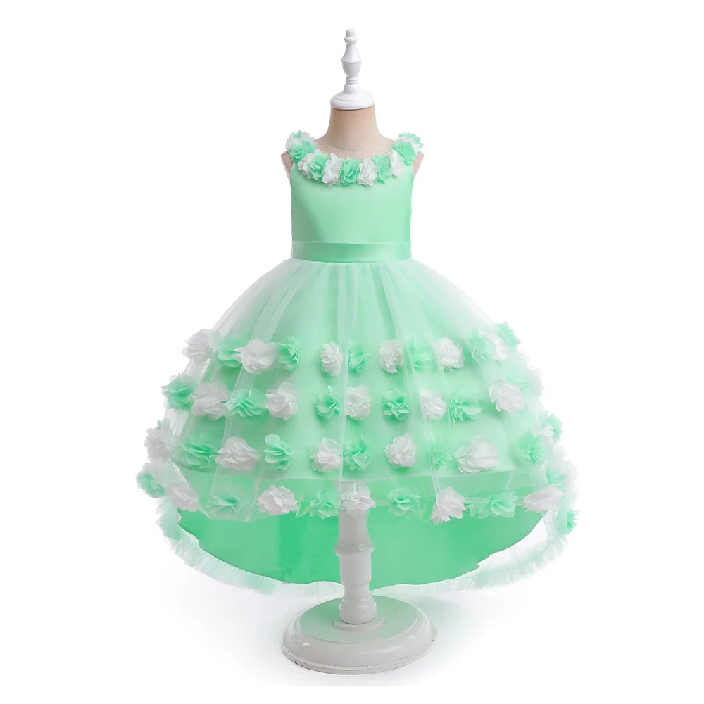 

Green Hi -Lo Piano Performance Dress with Handmade Flowers Ballgown Christmas New Year Formal Evening Party Kids Clothes