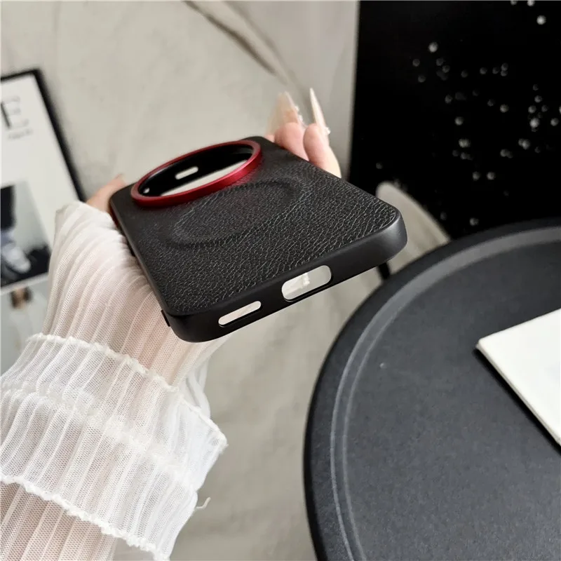 Luxury Magnetic Lychee Pattern PU Leather Non-Slip Cover with Metal Camera Frame