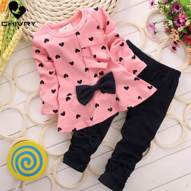 2Pcs Newborn Infant Baby Girls Clothes Set Spring Autumn Toddler Girls Heart Print Bow Dress Tops + Solid Pants Kids Cloth Sets
