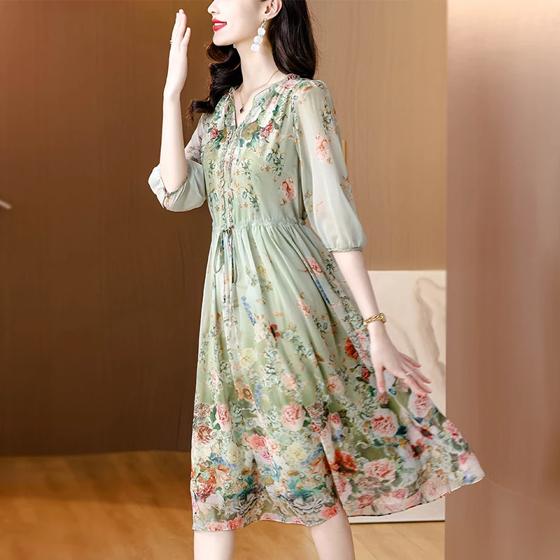 2025 Spring Formal Occasion Floral Silk Luxury Midi Dress Women Vintage Boho Beach Hepburn Prom Summer Elegant Casual Vestidos 3