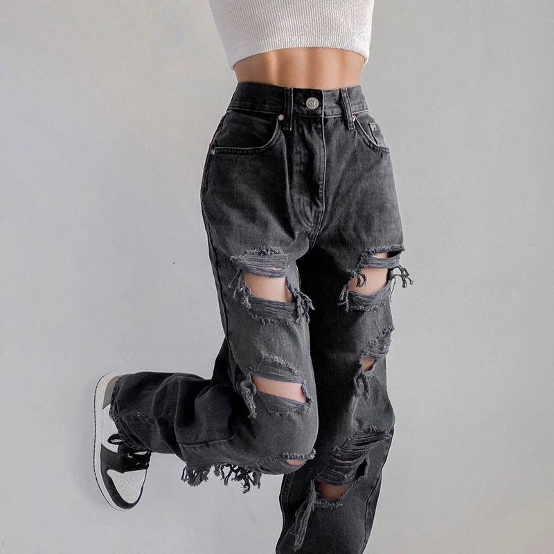 Women's Fashion High Waist Jeans Street Retro Hole Loose Wide Leg Y2K Summer Women's Street Hole Hip Hop Straight Pants jeans jacket