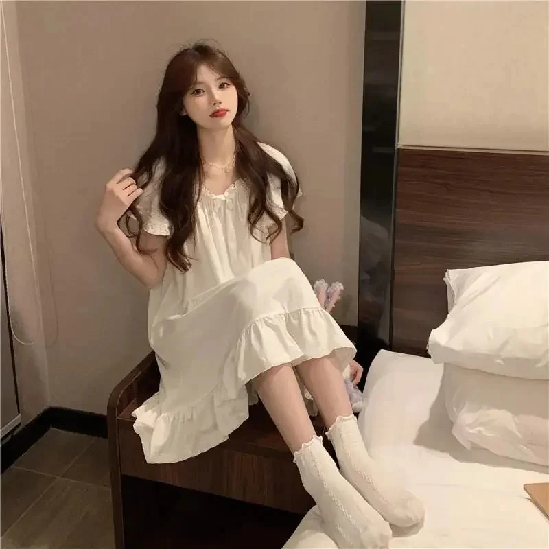 White Nightgowns Women Sweet Kawaii Girls Nightdress Princess Ruffles Square Collar Short Sleeve Summer Lounge Wear Sleepwear - 3