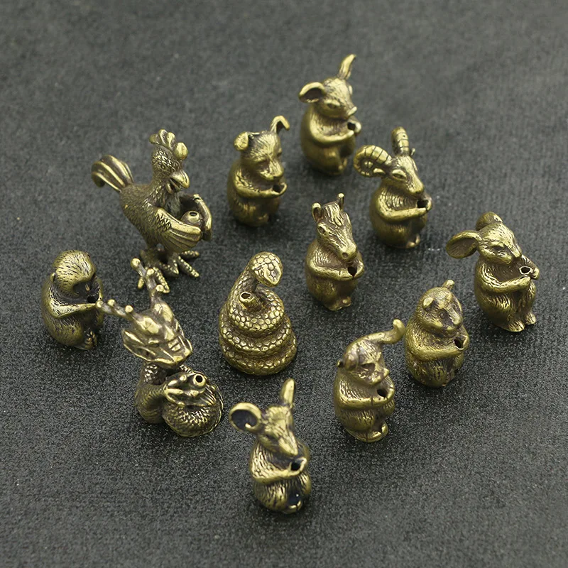 Vintage Brass Zodiac Animal Miniature Figurines Antique Copper Statue Ornaments Year of The Tiger Tea Pet Desk Decor Collection