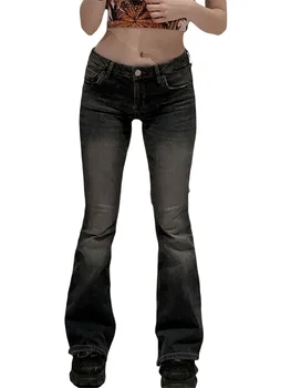 Women Denim Pants Side Pockets Casual Party Street Spring Fall Long Trousers Grey 1