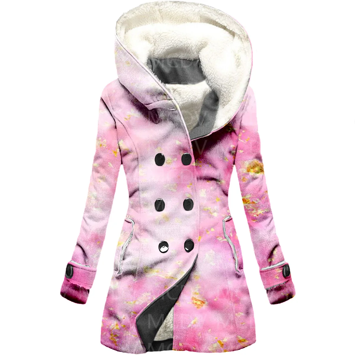 Pink Quicksand 3D Printed Fleece Hooded Cloak Women Thick Warm Coat Women's Winter Warm Overcoat