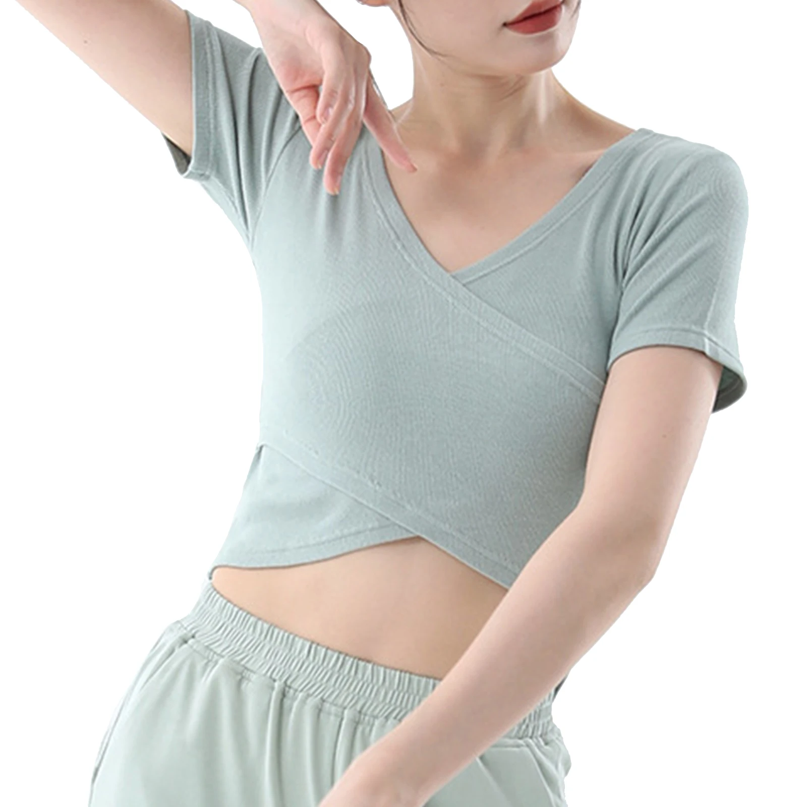 Womens Ballet Warm Up Training V-neck Dance Tops Solid Color Irregular Hem Short Sleeve Yoga Crop Top for Gymnastics Fitness