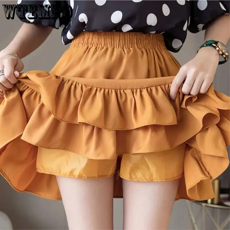 ChiffonRuffleWomenElasticHighWaistAlineSkirtCakePuffySkirts