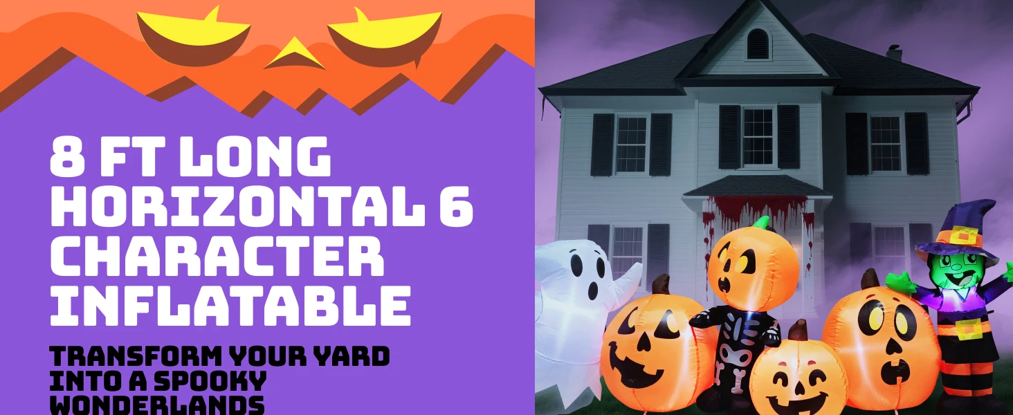 JOYFY 8 ft Long Halloween Inflatable Three Characters and Pumpkin Patch Outdoor Decoration Inflatable Witch Ghost Skeleton Yard