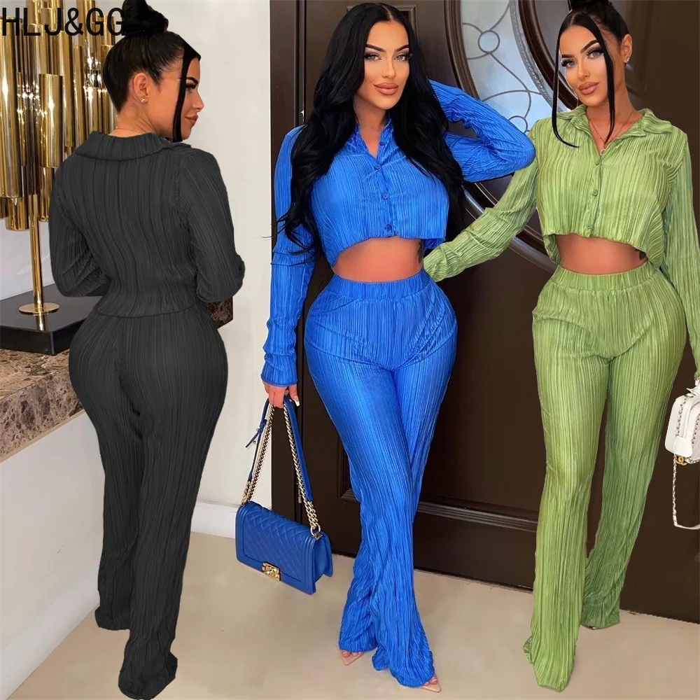 HLJ&GG Fashion Ruched Solid Shirts Two Piece Sets Women Turndown Collar Button Long Sleeve Crop Top And Pants Outfits Streetwear