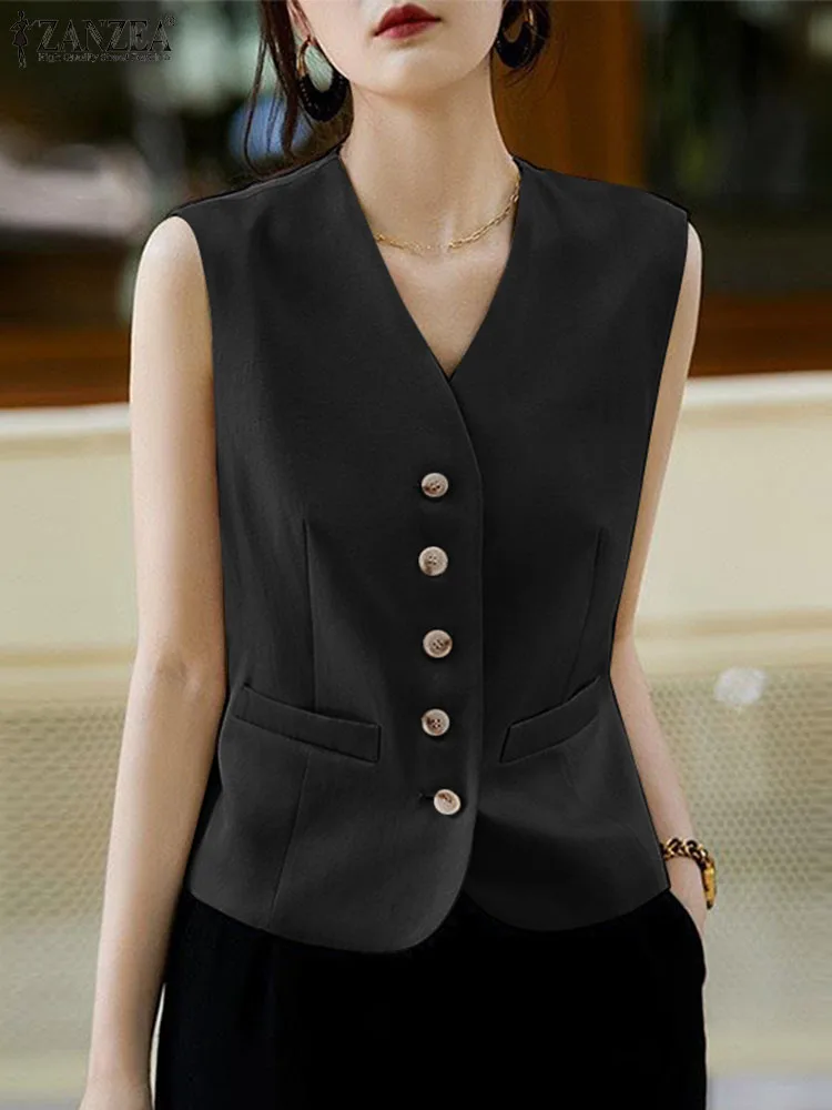 ZANZEA Women Office Waistcoat 2024 Summer Sleeveless Vests Fashion V-Neck OL Solid Color Outwears Casual Single-breasted Tops