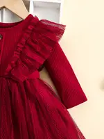 Two-Piece Baby Girl Romantic Small Flying Sleeve Long Sleeve Ruffled Mesh Dress + Bow Headscarf Spring And Autumn 4