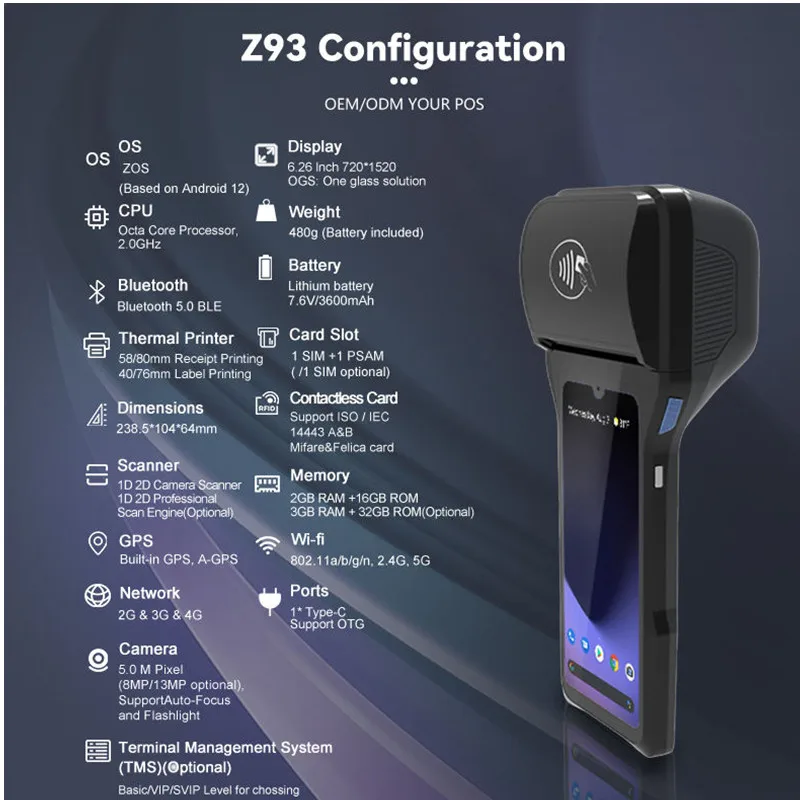 Z93 4G 안드로이드 14 POS 단말기 6.26인치 터치스크린 모바일 결제 현금 등록기 NFC 바코드 스캐너 80mm 감열 프린터 탑재