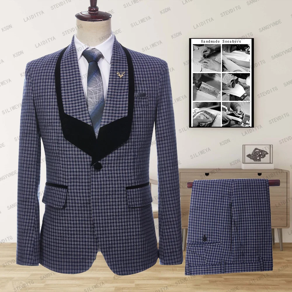 

Мужской деловой повседневный костюм, темно-синий клетчатый костюм с большим черным воротником и двумя пуговицами, пиджак и брюки, 2023