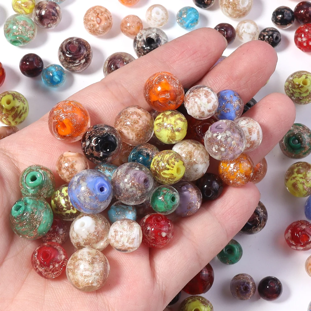 10Pcs 8/10/12mm 골드 샌드 유리 구슬 다채로운 램프워크 구슬 라운드 루즈 스페이서 비즈 쥬얼리 만들기 DIY 팔찌 목걸이