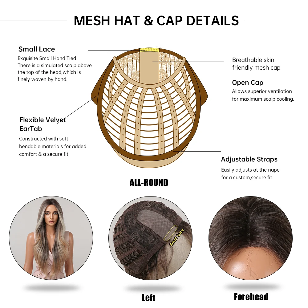 Synthetic Lace Hairline Wigs Brown Blonde Balayage Long Wavy Lace Forehead Wig Hand Crochet Wigs for Women Heat Resistant